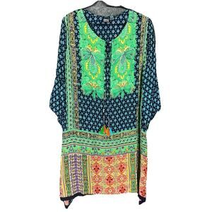 Gauzy Tunic Dress Medium Multicolor Floral Semi sheer Patchwork Beach Bohemian